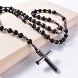 Pendant Necklaces Natural Stone Frosted Black Onyx Catholic Christ Rosary Necklaces With Hematite Cross Pendant Men Necklace Meditation Jewelry G230206