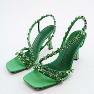 صندل TRAF Women Heeled Cheeled Sandal Summer 2022 Green Hdiamond Pumps Luxury Wedding High Heel Shoe Sexy Blue Slingback Heels T230208