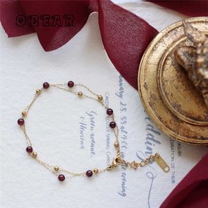 Link Chain Handmade Gold Bead Chain Natural Bourgogne Garnet Armband för kvinnor Rostfritt stål 18K Guldpläterad smycken G230208