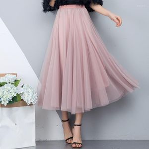 Skirts Tulle Skirt Women Long Maxi Harajuku Preppy Style 2023 Spring Summer Black Pink High Waist Pleated Female