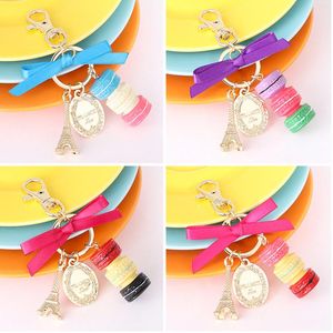 Keychains Creative Macarons Cake Keychain Eiffel Tower Ribbon Bow-Knot Alloy Keyring Women Handbag Bag Pendant Trinket Gift Girl Jewelry