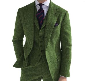 Ternos masculinos Mens Business 3 Peças Lã verde Retro Classic Classic Herringbone Padrão Tweed Tuxedos para casamento (colete da calça blazer)