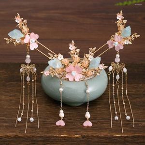 Klipsy do włosów chińskie patyki Tiaras Headpiece dla kobiet Pearl Tassel Flow Flower Spins Forks Vintage Hanfu Wedding Akcesoria Biżuteria
