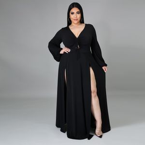 Plus-klänningar Plus-storlek Kvinnor Sexig V-ringad solid färg Plus Size Dress Women's Split kjol Design Autumn and Winter Evening Dress 230209