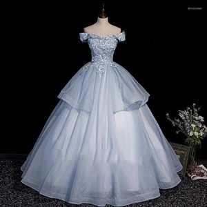 Party Dresses Blue Off The Shoulder Princess Quinceanera Ball Gown Glitter Tulle Floral Lace Appliques Pearls Sweet 15 16 Prom