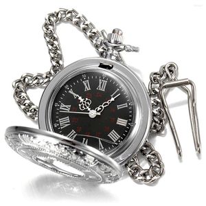 Pocket Watches Shellhard Ankomst Vintage Hollow Silver Pendant FOB Titta på romerska siffror Svart Dial Quartz för män Kvinnor