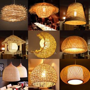 Tak kinesiska led rotting ljuskrona rund fågel bo hus strå hat lampa bambu konst restaurang hotell hem dekorativa lampor 0209