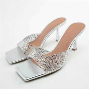 Sandały Traf 2022 Woman's Rhinestones High Sandals Silver Square Stopa Stiletto Slipper Party Black Slingbaccks Bling Heels Women G230207