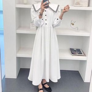 Nova moda Vestidos Casuais Elegante Cor de Contraste Bordar Gola Marinheira Vestido Mulher Cintura Alta Patchwork Solto Manga Longa Robe 2023 Outono Coreano