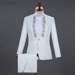 Mens Suits Blazers White Sparkly Crystals Embroidery With Pants Wedding Groom Tuxedo Suit Men Stand Collar Stage Costume Homme Mariage 230209