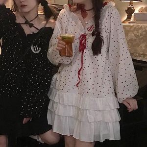 Casual klänningar tryck koreansk stil kawaii lolita klänning kvinnor japansk snörning söt fest mini long sleme prinsessa söt höst 2023