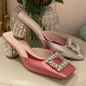 Fyrkantiga kvinnor mode tå toe toe chunky high heel skor gladiator sandaler rosa klänning pumpar sommar utanför mulor kristall 94f4