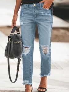 Jeans femininos Straight Mid cintura rasgou 230209