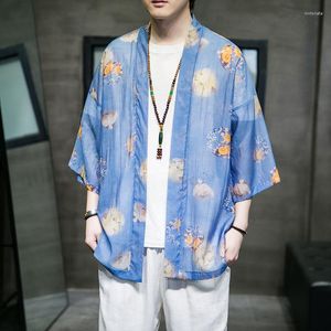 Herr t shirts mrgb sommaren mäns is silktryck cardigan casual kimono öppen söm jacka mode lösen män solskyddsmedel kinesisk stil man