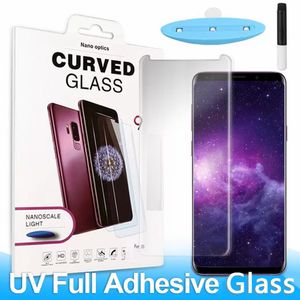 Cola completa vidro temperado de borda curva para Samsung S23 S22 S21 Nota 10 S10 Tech de dispers￣o l￭quida com protetor de tela leve UV com caixa de varejo