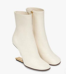 Famous First Ankle Boots White Black Nappa Leather High-heel Boot F-shaped Rounded Toe Gold-colored Metal Party,Dress,Evening Booties