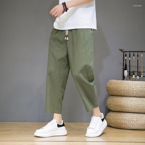 Calça masculina mrgb verão estilo chinês capris cor sólida cor de tamanho grande linho de algodão masculino machado vintage calça de tornozelo na perna reta