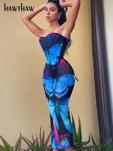 Zweiteiliges Kleid Hawthaw Damen Sommer Schmetterling Mesh Tube Tops Midirock Sets Durchsichtige Outfits Großhandel Artikel für Unternehmen 230209