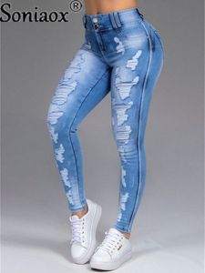 Pantaloni Jean da donna a vita alta elasticizzata Pantaloni skinny strappati con foro vintage Pantaloni slim larghi a tutta lunghezza 230209