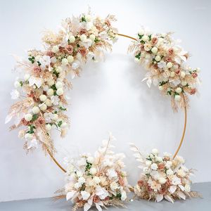 Fiori decorativi Champagne Rosa bianca Fiore artificiale Fila Sfondo di nozze Arco Decorazione Foglie d'oro Appendere Floreale Strada Piombo Puntelli per feste Palla