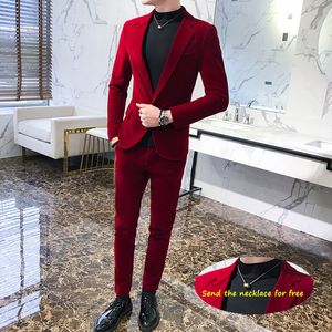 Mens Suits Blazers Elegant Wine Red Velvet Luxury For Groom Wedding Velour Gentlemen Dress 2 pcs Flannel Green Burgundy 230209
