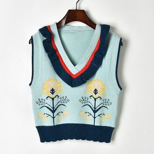 Women's Sweaters Lurex Knitted Vest Women Sweater V-neck Sleeveless Ruffles Patchwork Flower Jacquard Crop Top Sweet Pullover Jumper