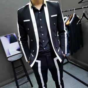 Mens Suits Blazers trajes de hombre kontrast şerit blalck beyaz erkek düğün damat bahar gizlenmiş ince sahne kıyafeti parti 230209