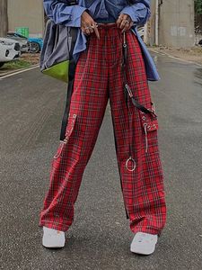 Women's Pants Capris HOUZHOU Punk Cargo Plaid Pants Women Gothic Harajuku Red Checkered Wide Leg Trousers For Female Autumn Streetwear Hippie Fashion 230209