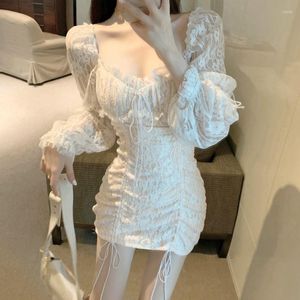 Casual Dresses 2023 Women Sweet Drawstring Wrap Mini Sexy Dress Romantic Lady Lace Up Square Neck Long Sleeve Summer Spring Sheer Tops