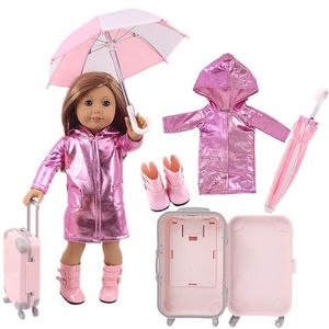 Dockor 4st = Raincoat Paraply Rain Boots Suitcase For 18 Inch American 43cm Reborn Baby Accessories Generation Girl Diy Toys 230208