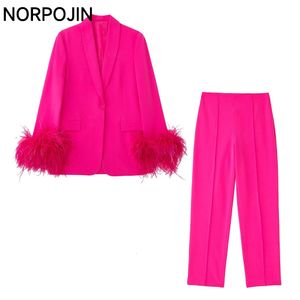 Womens Two Piece Pants Rose Red Feather Cuffs Blazers Set Woman 2 Pieces Suit Suits for Women Elegant Sets Trouser Pantsuit Blazer 230209