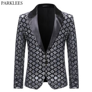 Mens Suits Blazers Silver Sequin Plaid Jacket Men Fashion Slim FIt One Button Dress Suit Male Party Wedding Stage Costume Homme 230209