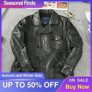 Herren Leder Faux Vintage 2023 Schwarz Echte Jacke Männer American Casual Style Einreiher Plus Größe 3XL Echtes Natürliches Pferdeleder Mantel