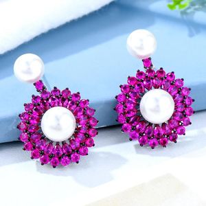 Dangle Earrings Siscathy Luxury Cubic Zircon Statement Round Pearl for Women Bride Wedding Party Jewelly's Day Gifts