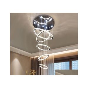 Chandeliers Large Luxury Crystal Led Chandelier Lighting Fixture 5 Rings Circle Pendant Hanging Lamp Stair Hall Dimming Lustres Drop Dh5Z1