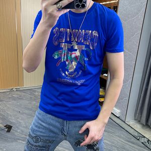 メンズ Tシャツファッションスパンコールデザインカラフルな男性 Tシャツ 2023 新しい夏の男服シルケットコットンレターヒョウ柄トップス黒、白、大きいサイズ M-7XL