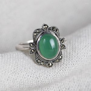 Cluster Rings FNJ 925 Silver Ring for Women Jewelry Original Pure S925 Sterling Marcasite Natural Green Agate