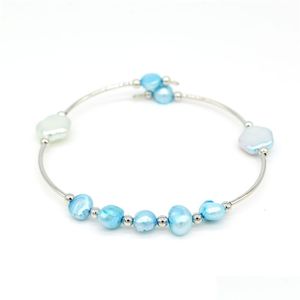 Kaliwowe hurtowe fabryka Direct Sky Blue Freshwater Flower Pearls Bangle Ręcznie robiona regulowana bransoletka urok damski dar dhjnq