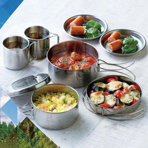 Skålar 8 st/set ultralätt rostfritt stål utomhus picknick panna pann kit camping vandring mini köksredskap skål cup täcke matlagning set