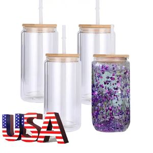 USA Warehouse 16oz Sublimation Snow Globe Beer Can Double Wall Clear Glass with Lidslaction Straws 500ml blank water bottles diy transe gj02