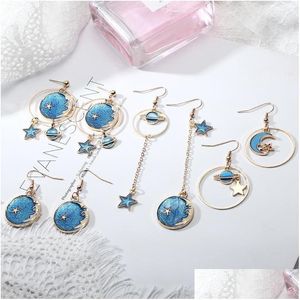 Dangle Chandelier Wholesale Japanese And Korean Girls Heart Blue/Pink Star Planet Earrings Small Fresh Long Tassel Asymmetric Drop E Dhway