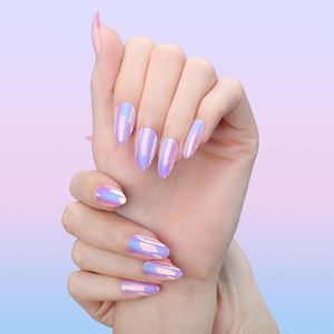 Unghie finte a mandorla a forma naturale Suggerimenti per manicure affascinanti 24 pezzi Fantasy Pink Purle Short Chrome Fake Holographic Press On