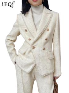 Kvinnor Tvådelade byxor IEQJ White Blazer Suits Fall Winter Double Breasted Woven Tweed Blazers Skinny A Line Long kjol Set 3W6872 230209