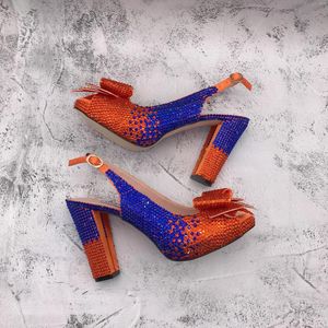 Kleidschuhe CHS1514 DHL Maßgeschneiderte orange blaue Kristallschleife Slingbacks Blockabsatz Frauen High Heels Pumps Braut Hochzeit