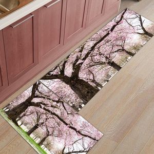 枕 /装飾的な桜の木は春の咲く風景の長い滑り止めキッチンマットカバー玄関ドア祈りの廊下の廊下エリア車