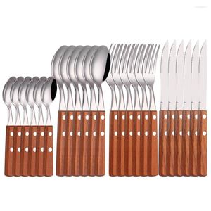 Dinnerware Sets Home Wooden Handle Cutlery Set 24Pcs Stainless Steel Kitchen Silverware Spoon Fork Knife Dinner Complete