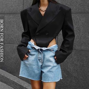 Women s Suits Blazers Fashion Long Sleeve Shoulder Pads Blazer Jacket Women Sexy Cutout Button Crop Top Bodysuit Y2k Clothes Streetwear Suit Autumn 230208