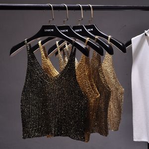 Women's Tanks Camis Sparkling Sequins Half Waist Render Knitwear Hollow-out Is Sexy Waist Condole Top Cropped Sexy Streetwear Woman Tops Summer 230209