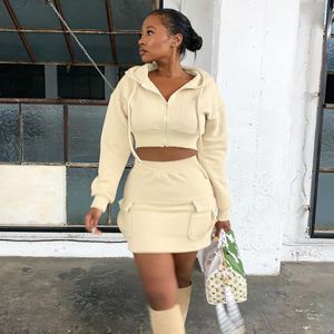 Two Piece Dress Cropped Hoodie Jacket Set 2 Mini Skirt Casual Elegant Party Outfit Crop Coat Winter Women Clothes 230208