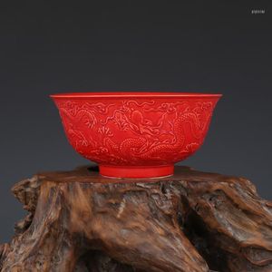 Miski Yongzheng Coral Red Sculpture Dragon Bowl Antique Jingdezhen Porcelain Collection